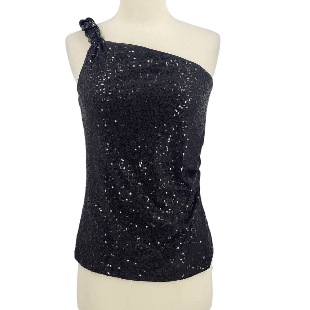 Cache Black Sequin One-Shoulder Top